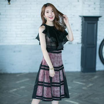 韩版条纹百褶不规则设计修身裙潮女花色收腰连衣裙
