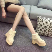 2015明星款韩版冬季羊羔毛系带马丁靴加绒保暖棉靴高跟白色女短靴