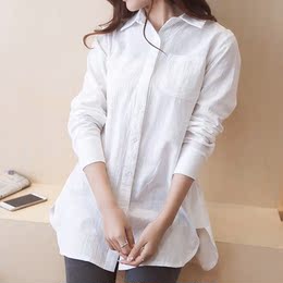 2016春季新款韩版大码中长款宽松显瘦白色衬衫女长袖翻领打底潮衣