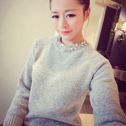 2015韩版镶钻毛衣套头女时尚钉珠针织打底衫修身外穿学生潮搭外套