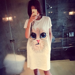 夏季韩版新款中长款宽松胖mm3D猫休闲大码短袖t恤裙女打底连衣裙