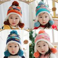 宝宝加绒护耳帽儿童冬季保暖帽子男女宝宝针织毛线帽子可爱毛球帽
