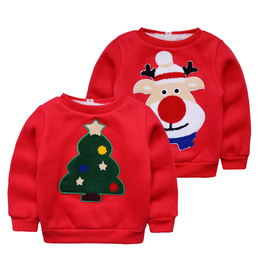 儿童红色加绒卫衣 2015新款童装冬装女童 男童外套宝宝圆领上衣