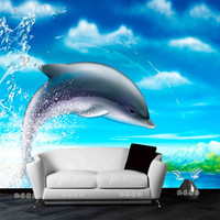 大型3D动物高清海豚壁画壁纸可爱立体儿童房卧室客厅沙发背景墙纸