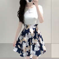 2015夏季新款韩版女装上衣服修身中腰套头印花雪纺衫短袖连衣裙子