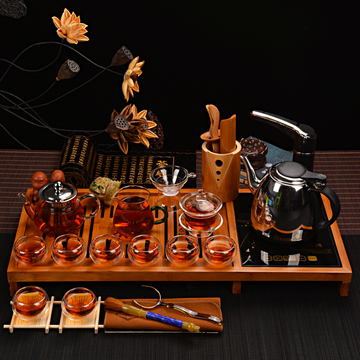 功夫茶具 茶具套装 电热炉 茶字三合一茶盘 紫砂茶具 玻璃茶具