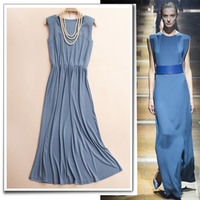 秋装新品 优雅蓝无袖垫肩收腰 垂坠长裙气质连衣裙