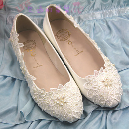 手工婚鞋红色白色平底新娘鞋珍珠花朵蕾丝结婚鞋伴娘鞋女士单鞋