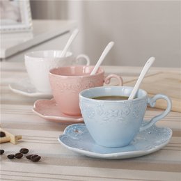 限时打折陶瓷咖啡杯套装日式浮雕蕾丝咖啡杯碟带勺复古下午茶茶具