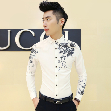 刺绣韩版男白长袖衬衫修身型免烫青年英伦薄款发型师衬衣潮流帅气