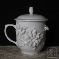 景德镇陶瓷茶具茶杯雕刻花白色带盖茶杯高档茶杯礼品瓷绿色环保瓷