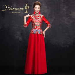 中式结婚婚礼敬酒服旗袍新款2015秋冬季红色长袖新娘礼服长款刺绣