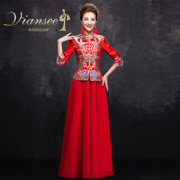 中式结婚婚礼敬酒服旗袍新款2015秋冬季红色长袖新娘礼服长款刺绣