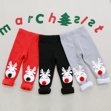 韩国圣诞节精品新款2015冬季加绒韩版童裤麋鹿保暖打底中小童裤