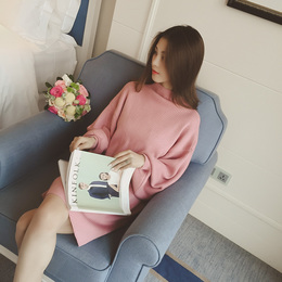 2015秋装韩国新款半高领宽松毛衣灯笼袖中长款打底衫针织衫女