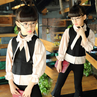 童装女童秋装套装韩版新款中大童秋季长袖衬衫+背心儿童三件套潮