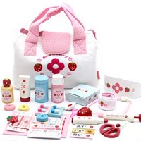 日本mother garden草莓布袋医药箱手提包木制医生扮演过家家玩具