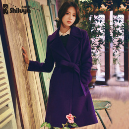 2016春秋冬韩版文艺气质毛呢外套女中长款双排扣紫色羊毛呢子大衣