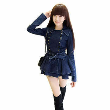 2016春秋新款韩版女装荷叶边裙摆式修身显瘦长袖牛仔夹克外套女