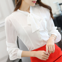 SOLO韩国实拍 2016春装新款修身系带领长袖白色雪纺打底衬衫
