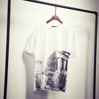 2015夏季新款欧美大牌复古建筑印花设计男士修身短袖T恤青年圆领T