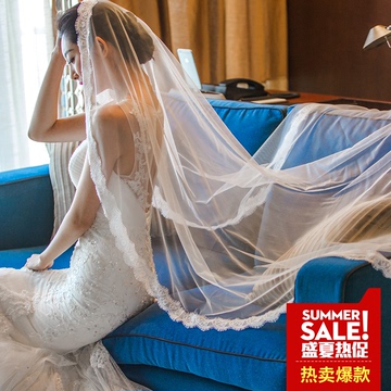新娘结婚头纱2017新款夏季花边超长2米3米拖尾韩式公主软网纱包邮