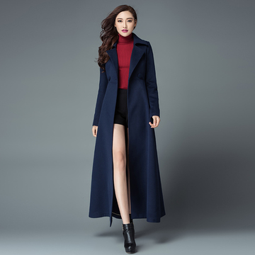2016新款冬季女装修身毛呢外套长款西装领纯色显瘦简约羊绒呢大衣
