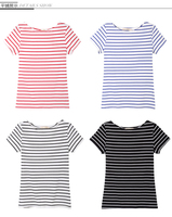 2015夏装新欧美女装一字领条纹大码纯棉短袖女条纹T恤