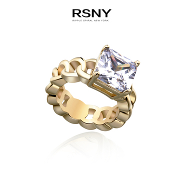 RSNY美国时尚饰品品牌 女款镂空方形镶钻夸张人工宝石戒指指环
