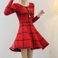 韩国代购2015秋装新款女装韩版红色裙子格子裙秋季针织连衣裙长袖