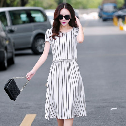 韩国夏季条纹短袖T恤宽松上衣两件套装A摆韩版显瘦中长裙套装女