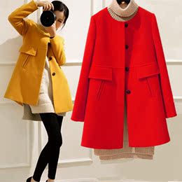 2015韩版冬装新款时尚毛呢外套中长款圆领百搭修身显瘦呢子大衣女