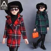 童装2015新款韩版女童格子长袖呢大衣中大童大衣冬装儿童女装外套