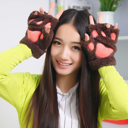 暴爪手套女冬可爱韩版学生毛绒卡通爪子半指手套女士户外运动保暖