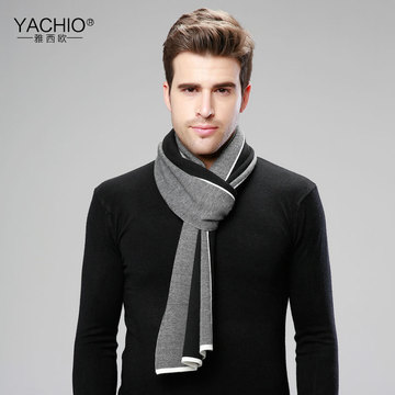 雅西欧男士羊毛混纺围巾冬季新款保暖商务针织条纹围脖男礼盒包邮