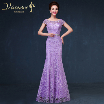 紫色短袖长款晚礼服2015新款秋季双肩蕾丝宴会主持人礼服女大码夏