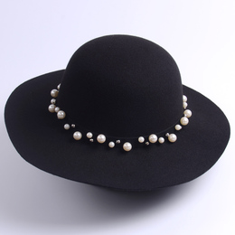 时尚纯羊毛呢子秋冬女士黑色珍珠花串宽檐礼帽钉珠珍珠爵士帽子潮