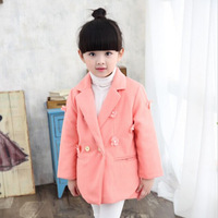 2015小中童装冬季新款女童韩版珍珠花朵双排扣呢大衣外套