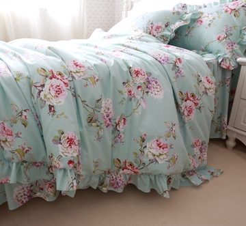 四件套纯棉 春 韩式公主4件套 床上用品套件斜纹 植物花卉荷叶边