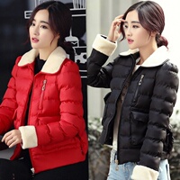 2015新款女装韩版冬装时尚品质优雅干练气质羊羔毛翻领短款棉衣