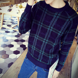 2015秋冬新款 韩版格纹条加厚男士圆领线条针织衫套头毛衣