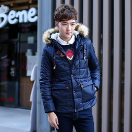 2015冬季新款时尚男装棉衣韩版修身纯色连帽男式棉服毛领保暖外套