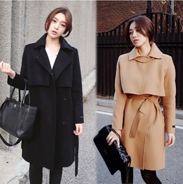 2015秋冬新款韩版气质中长款系带收腰修身显瘦呢子大衣毛呢外套女