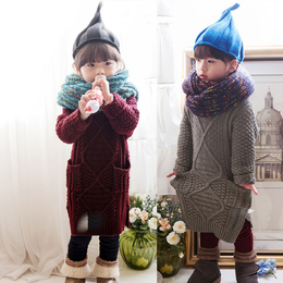 娜塔巫韩版童装2015女童秋冬新款套头打底针织衫儿童长款毛衣裙子