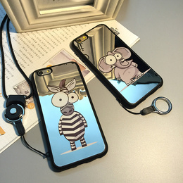 镜面斑马大象苹果iPhone6手机壳6plus挂脖绳情侣卡通6s硅胶软套