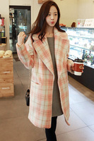 夹棉加厚冬外套女韩国学院风宽松粉色格子羊毛呢子中长款长袖大衣