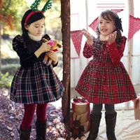 2014冬款女童装 韩版女童长袖连衣裙加厚飞袖格子裙圣诞公主裙