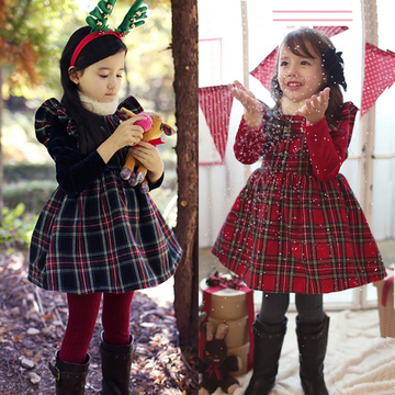 2014冬款女童装 韩版女童长袖连衣裙加厚飞袖格子裙圣诞公主裙