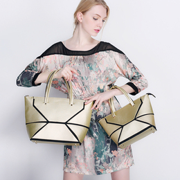 2015女包手提包秋冬折叠两用几何菱格包拼接撞色铆钉欧美单肩包包