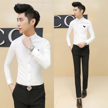 青少年美发店发型师工作服2015新款韩版男士修身型长袖衬衫男衬衣